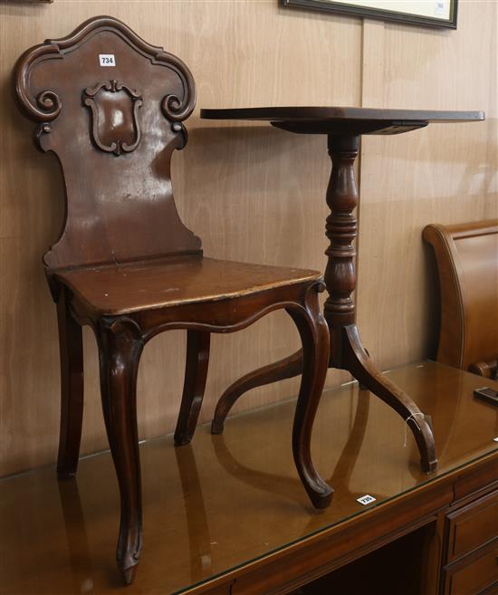 A Regency mahogany tilt top wine table and a Victorian mahogany hall chair (2) H.72cm